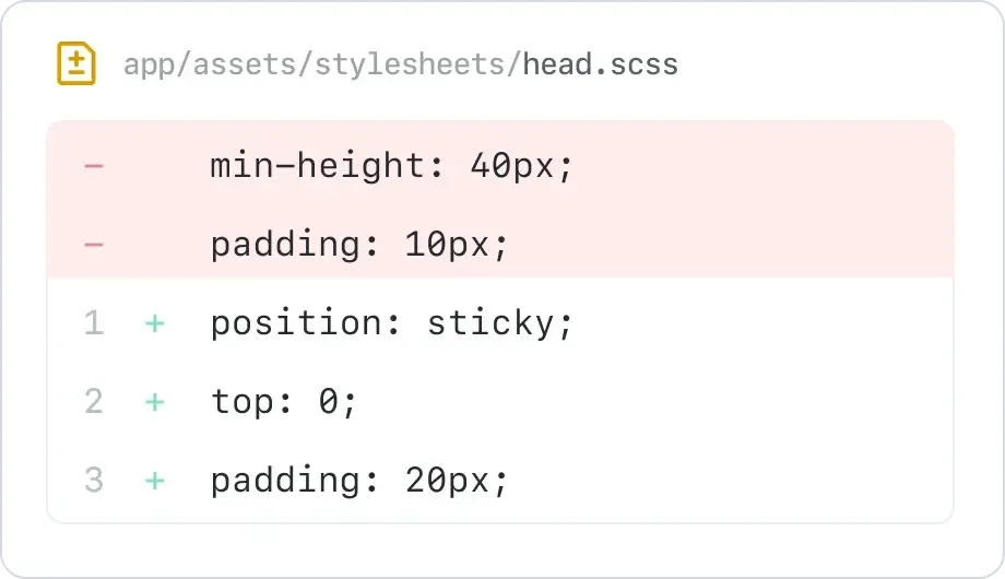 代码审核&查验助你写出更好的代码插图 This image visually represents changes made to a stylesheet file, highlighting how the layout or design of a web page might be altered through these CSS adjustments.