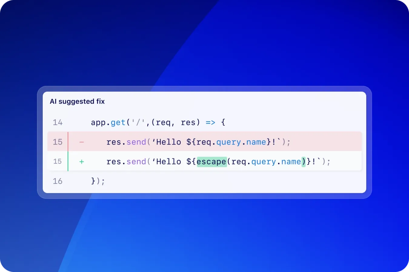 GitHub代码安全:发现漏洞,自动修复插图3 The image displays a code snippet from a JavaScript file named "collection.js" located in the "routes" directory. The code is highlighted in three steps, with Step 1 being the focus. In Step 1, the variable "jsonQuery" is assigned the value of "req.query.query". The code snippet includes four lines where variables are defined and assigned values from the request query object. The background has a gradient blue color.
