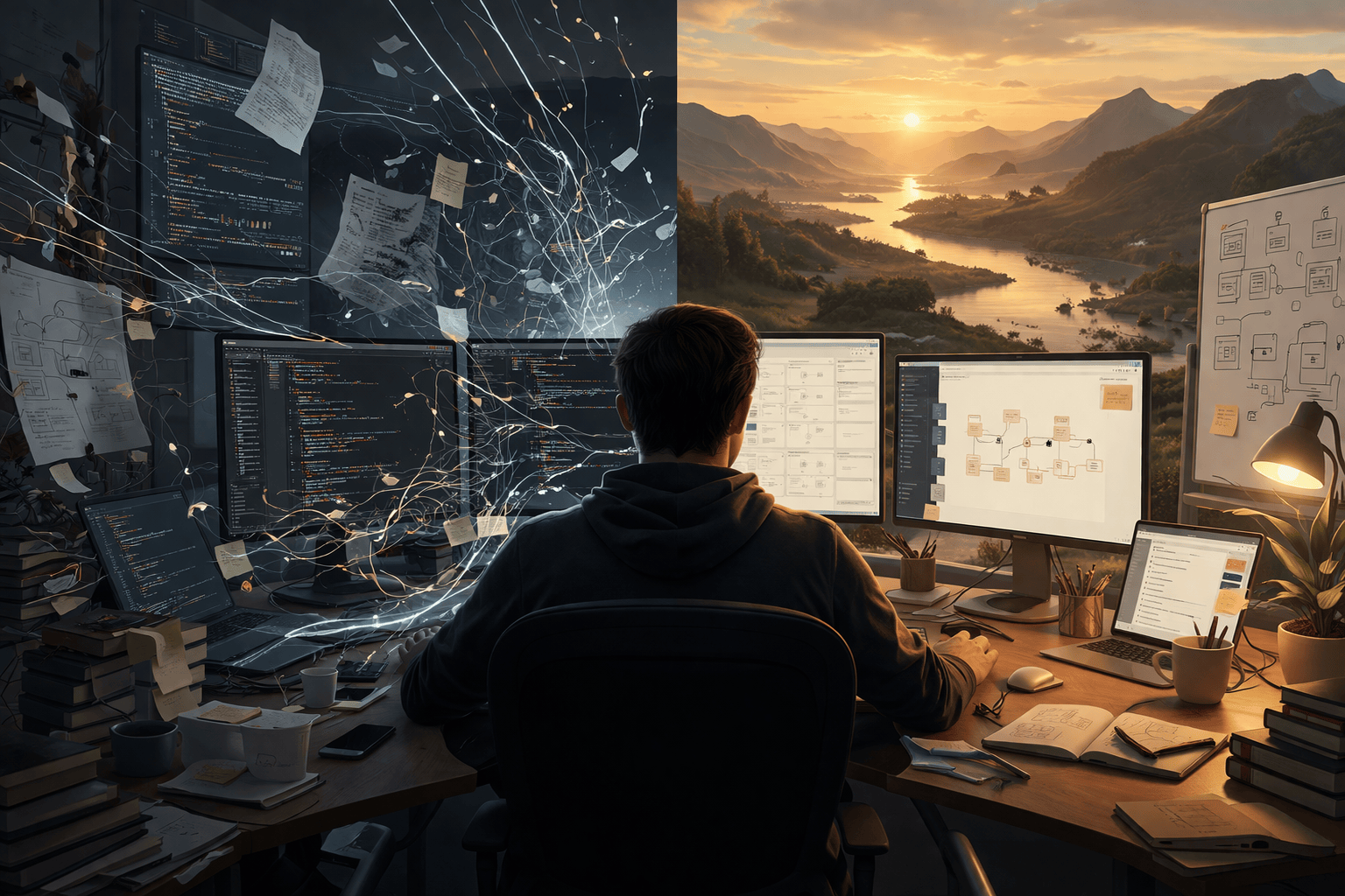 AI 可以帮你写代码,但不能替你做产品插图 Vibe Coding、产品思维与软件框架主题横版封面图
