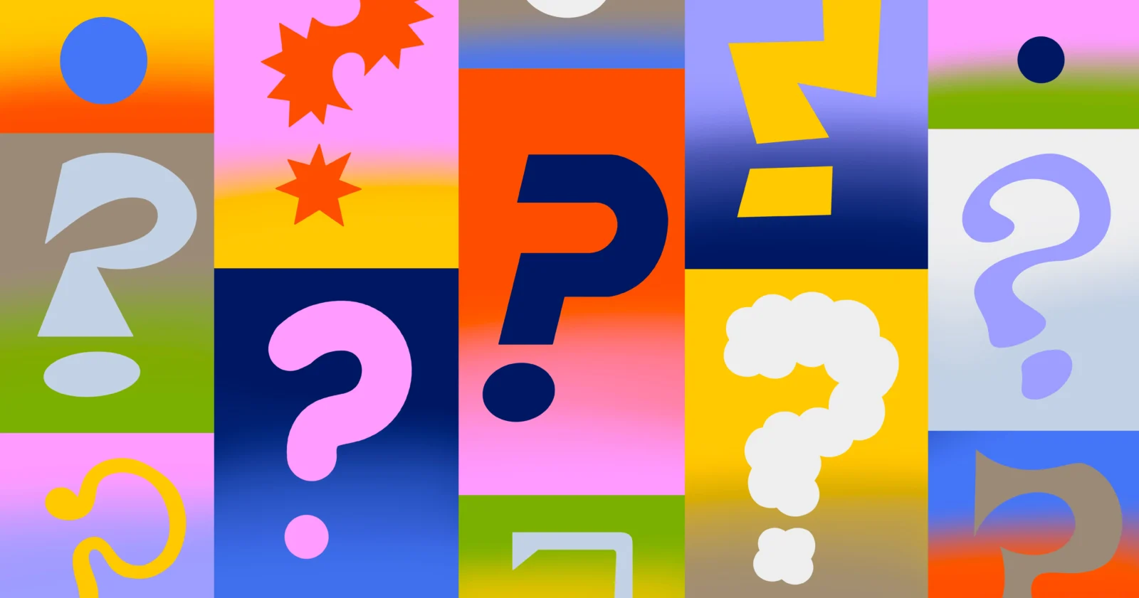 AI 是否让开发者走向「通才」插图 A vibrant grid of colorful blocks, many containing stylized question marks and abstract shapes.