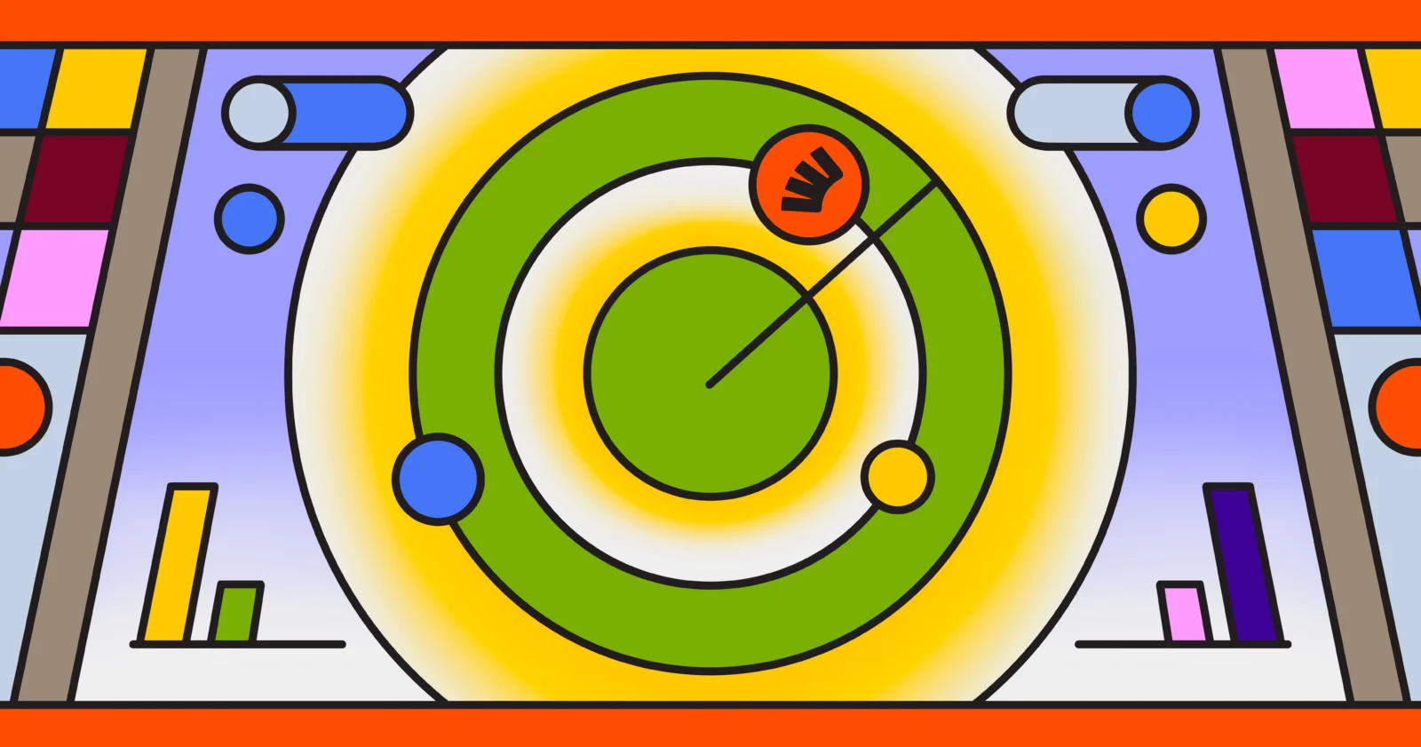 O'Reilly:代理式开发,规范多少才合适插图 A colorful, stylized digital interface resembling a radar screen with a central scanner, geometric shapes, and bar graphs.