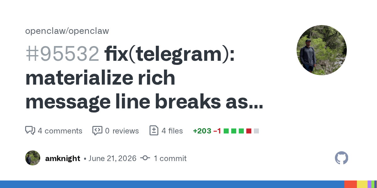 OpenClaw 24h 更新快报(2026-06-22):Telegram 富文本、Telegram 引用消息、WhatsApp 原生回复插图 OpenClaw 24h 更新快报(2026-06-22):Telegram 富文本、Telegram 引用消息、WhatsApp 原生回复