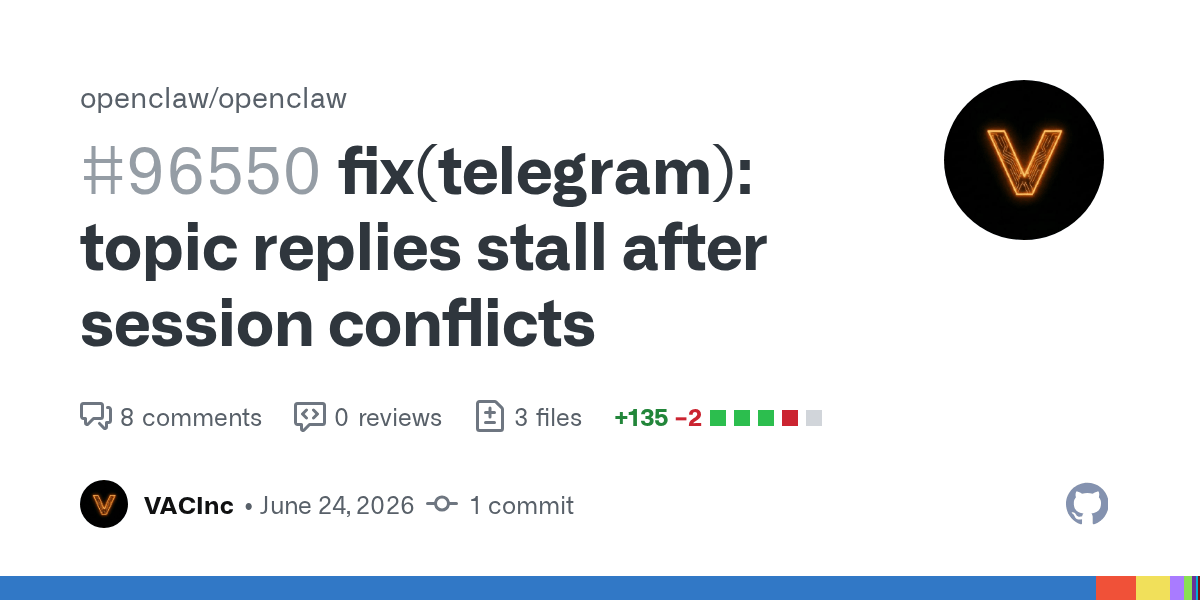 OpenClaw 24h 更新快报(2026-06-26):Telegram 会话冲突、Auto-reply 初始化、渠道认证失败插图 OpenClaw 24h 更新快报(2026-06-26):Telegram 会话冲突、Auto-reply 初始化、渠道认证失败