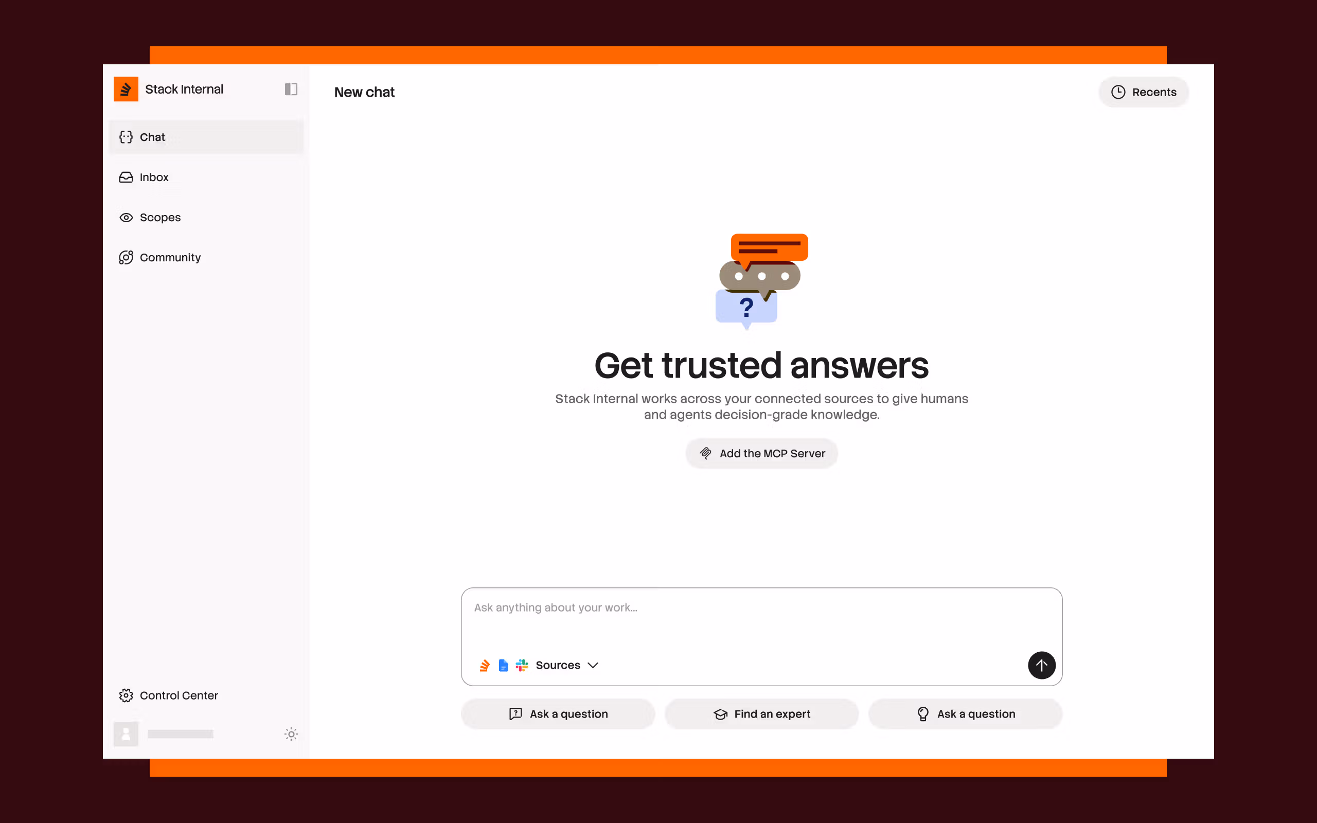 The "Stack Internal" web application interface displays a central "Get trusted answers" prompt with  a chat input field.