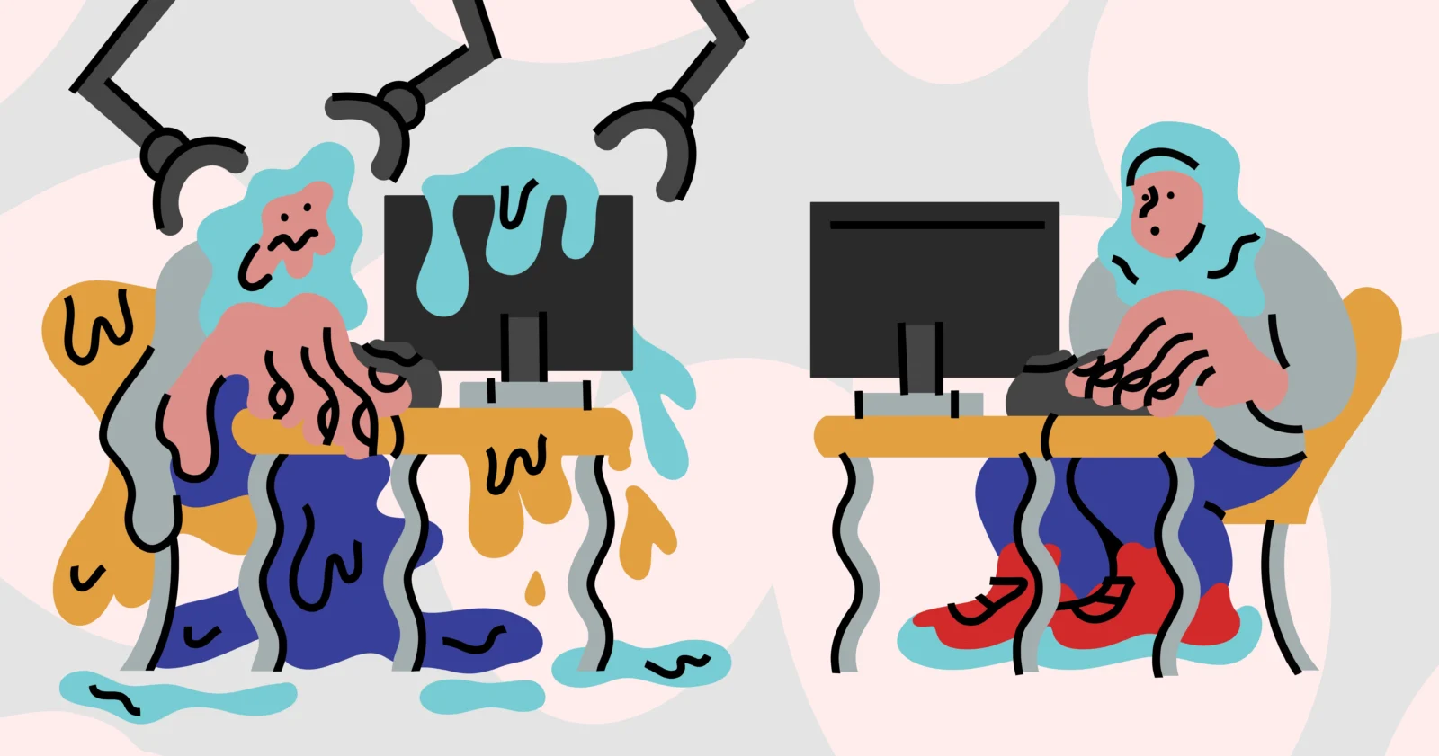 Robotic arms pour liquid onto a distressed person dissolving at a computer, beside a calm person typing at another computer.