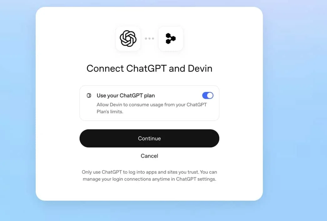OpenAI升级dot与Codex联动:Devin接入ChatGPT订阅额度插图1 Connect ChatGPT and Devin 授权界面截图,包含 Use your ChatGPT plan 开关
