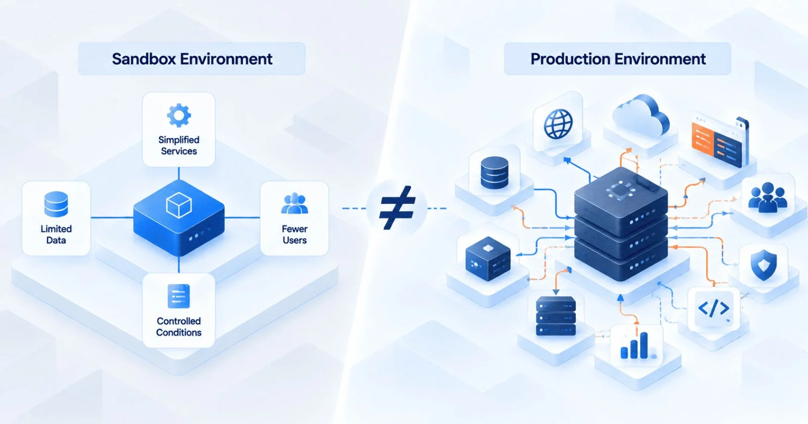 测试环境为何总与生产环境「对不上」插图 An infographic comparing a "Sandbox Environment" (limited data, users, and simplified services) to a "Production Environment" (complex, interconnected services, data, and users), separated by a "not equal" sign.