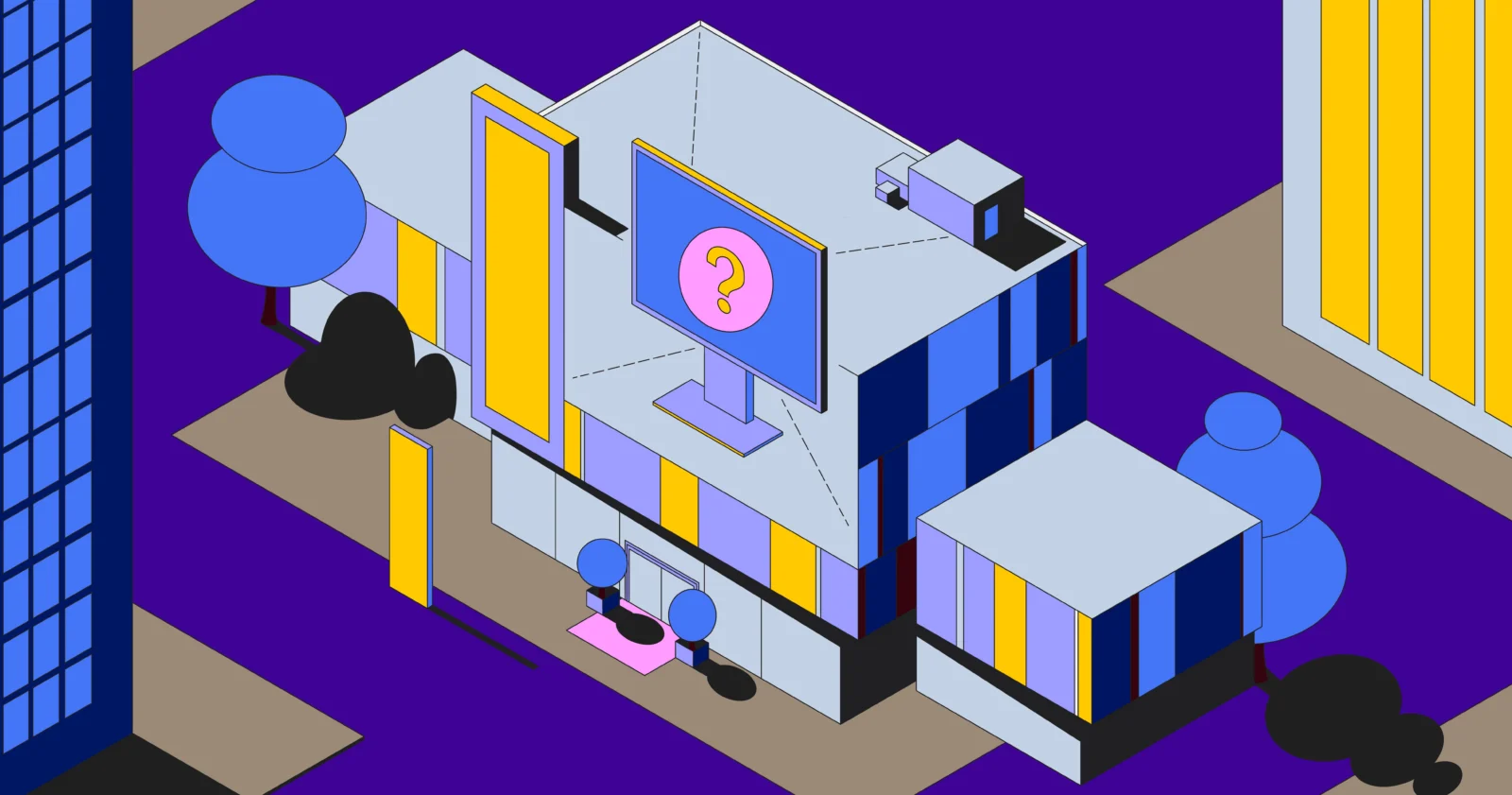 LLM Agent 落地成熟度模型:如何把"惊艳 demo"变成"可依赖系统插图 Isometric illustration of a modern building with a large screen displaying a question mark, in a stylized city scene.