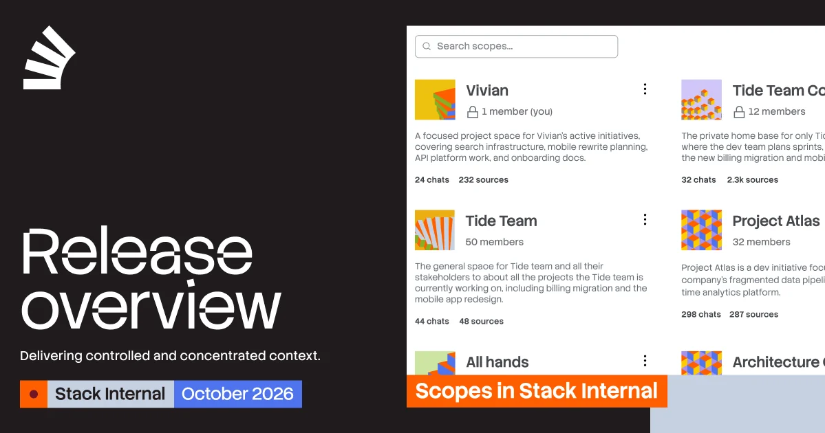 Stack Internal 发布 Scopes,实现可控且聚焦的上下文插图 Presentation slide for "Stack Internal October 2026 Release overview" showing an app interface with multiple project scopes like "Vivian" and "Tide Team".