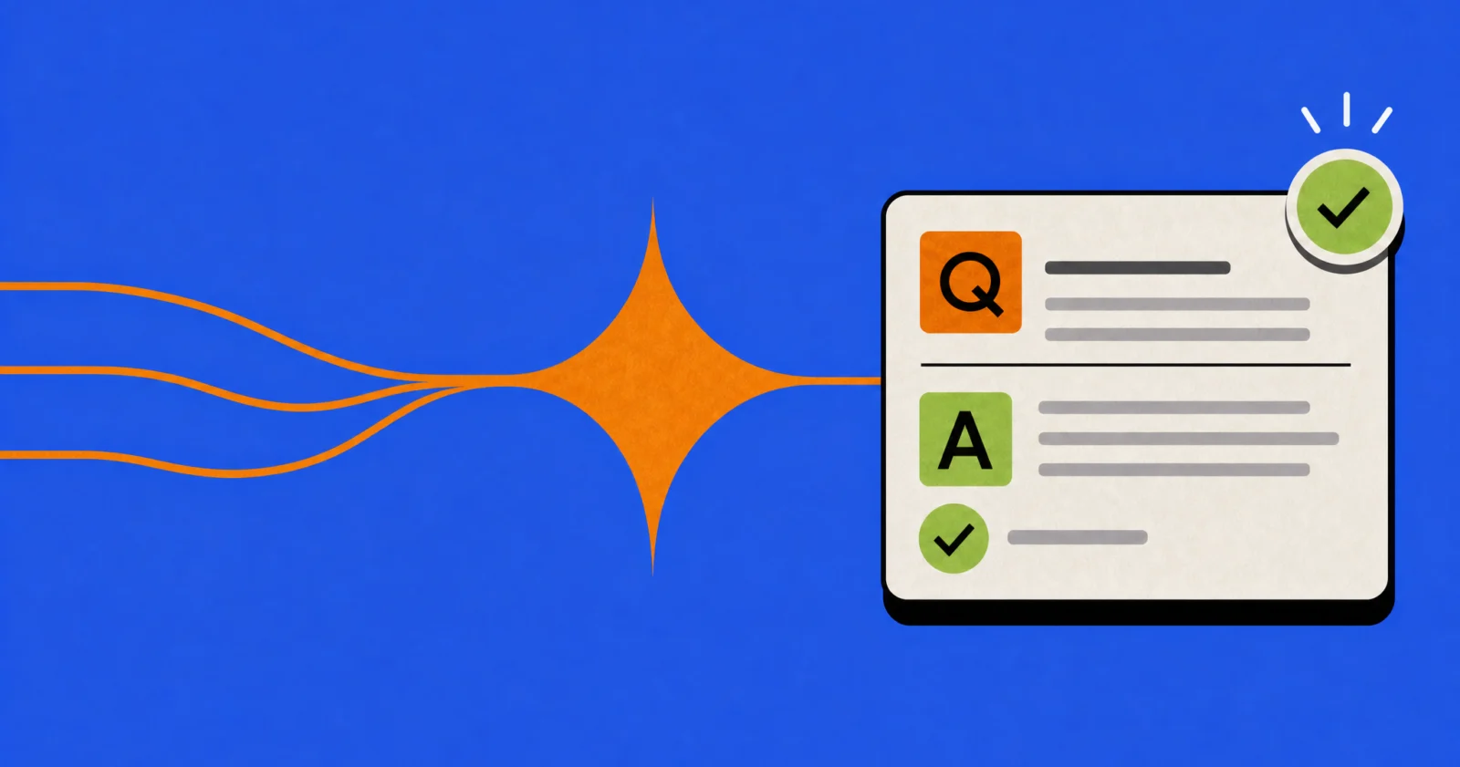 Stack Overflow 衰亡传闻被严重夸大插图 Three orange lines merge into a star, connecting to a Q&A card with a successful green checkmark.